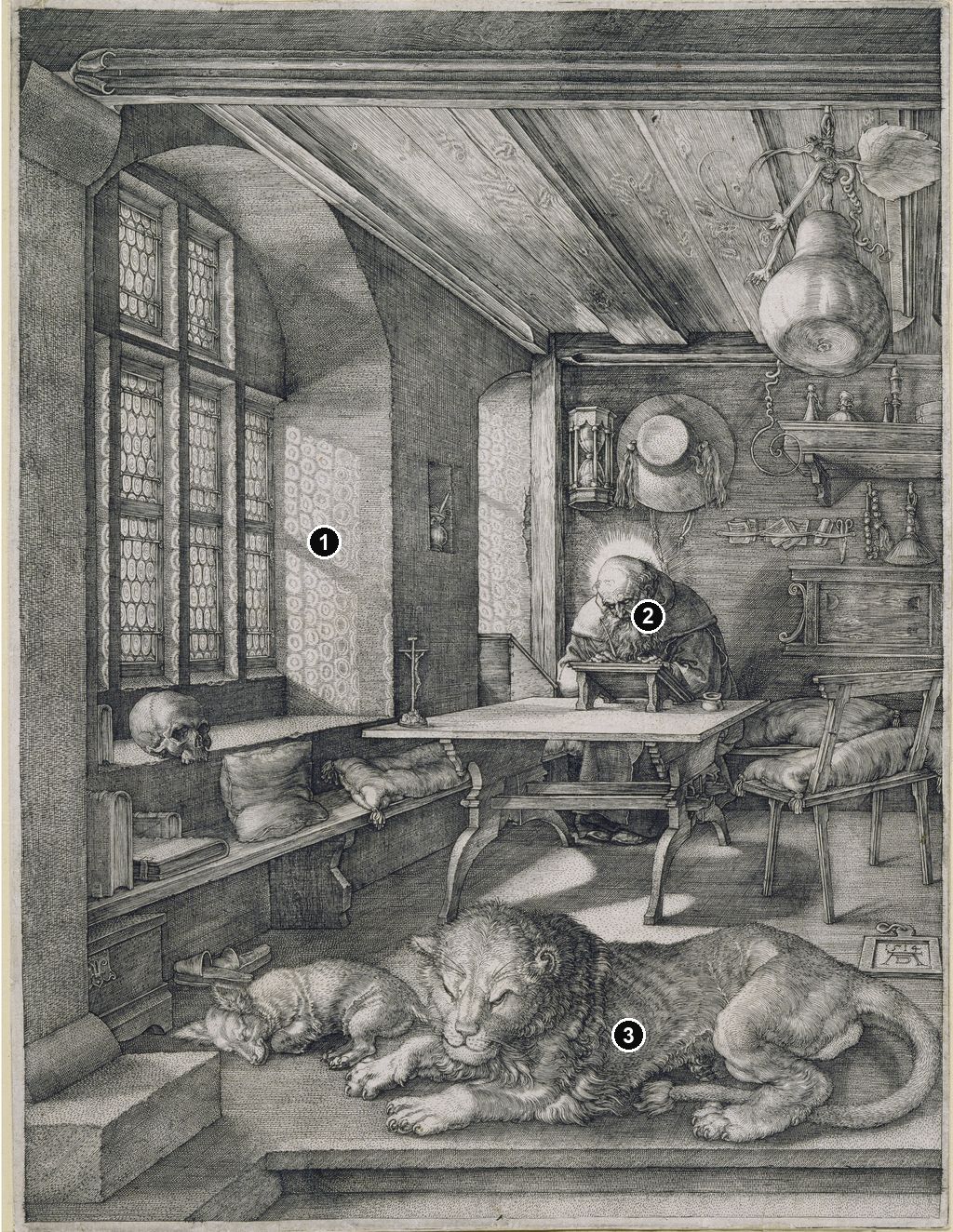 Annotated details from Saint Jerome in His Study by Albrecht Dürer